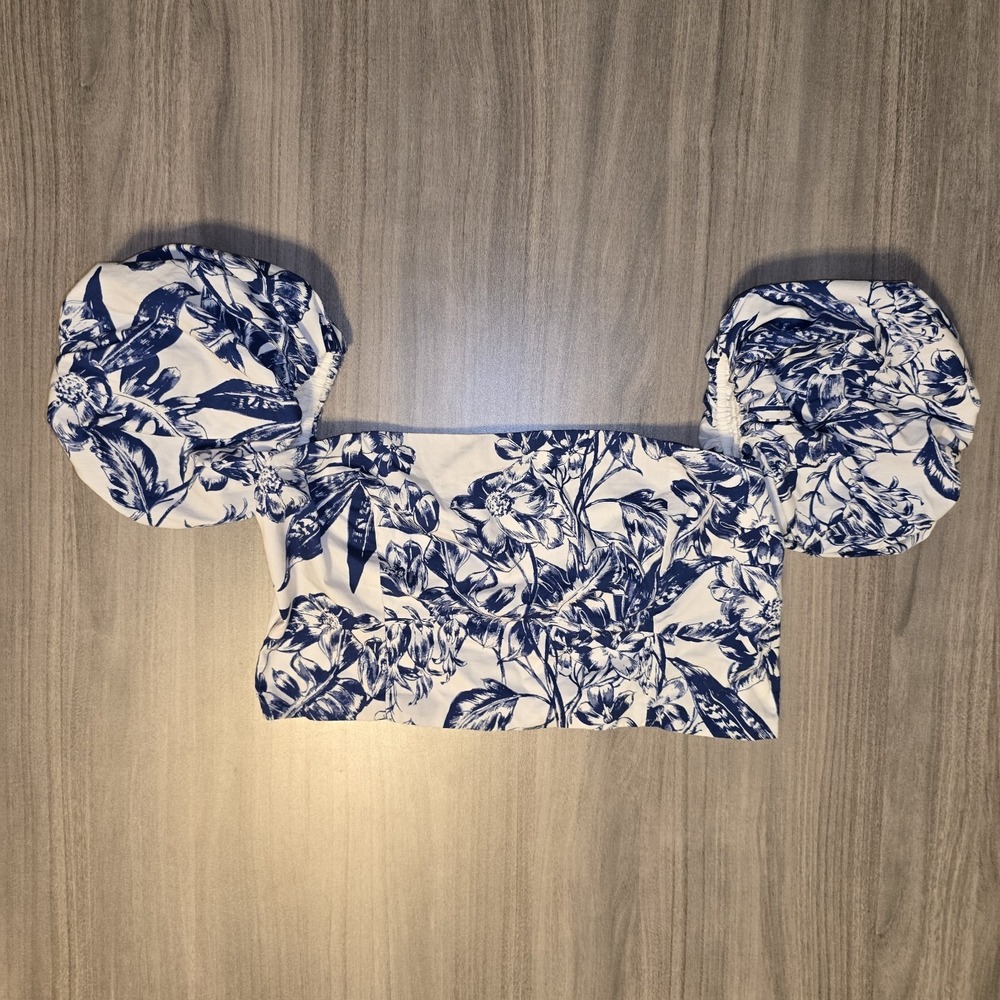 Abercrombie & Fitch Floral Navy & White Puff Sleeve Crop Top Beach Resort Sz L